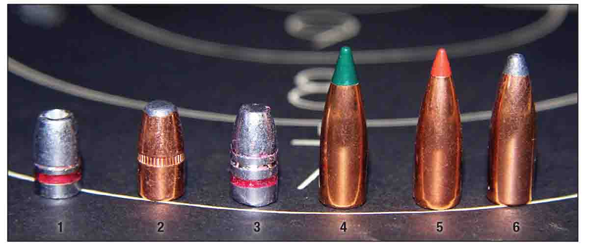 Bullets used for accuracy testing included: (1) GT Bullets 55-grain cast-lead hollowpoint, (2) Hornady 60-grain flatpoint, (3) cast-lead 65-grain flatpoint, (4) Sierra 70-grain BlitzKing, (5) Hornady 75-grain V-MAX and (6) Speer 87-grain softpoint.